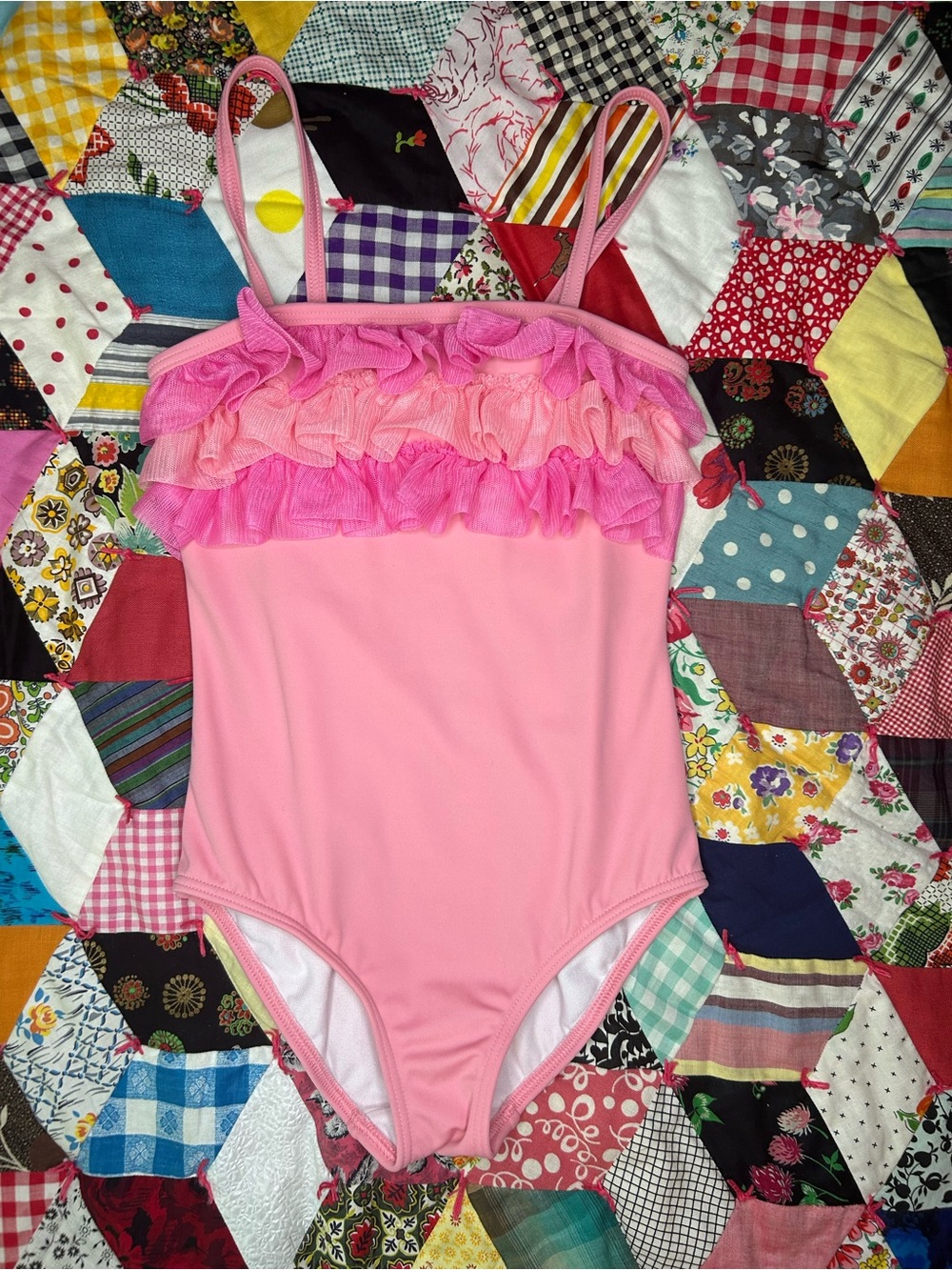 Mini Boden Pink Ruffled Girls' One-Piece Swimsuit size 6-7